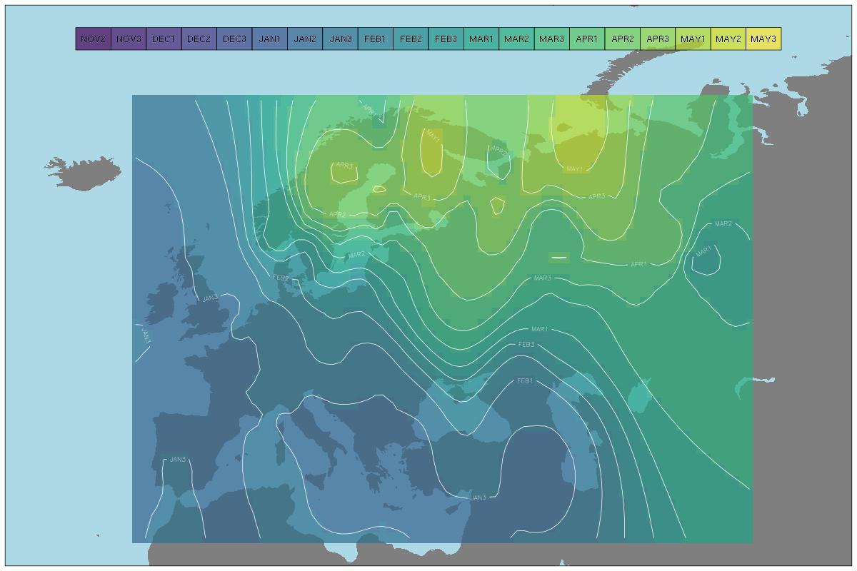 Fig. 2: Onset of pre-nuptial migration of Eurasian Teal. The map shows the date when 5% of individuals are on migration (total number of ring encounters used: 30,454). Colours represent ten-day periods (period 1 corresponds to 1-10 January); lines show the isochrones.